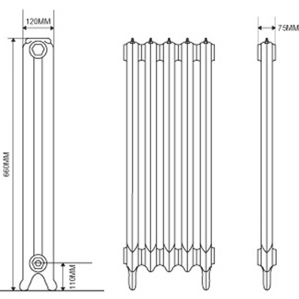 Rococo 1 Column Cast Iron Radiator - 660 Tall - Various Colours + Sizes