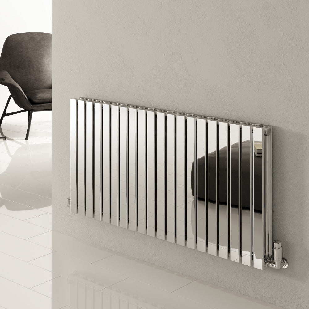 Flox Horizontal Double Radiator - 600mm Tall - Polished Stainless Steel - Various Sizes