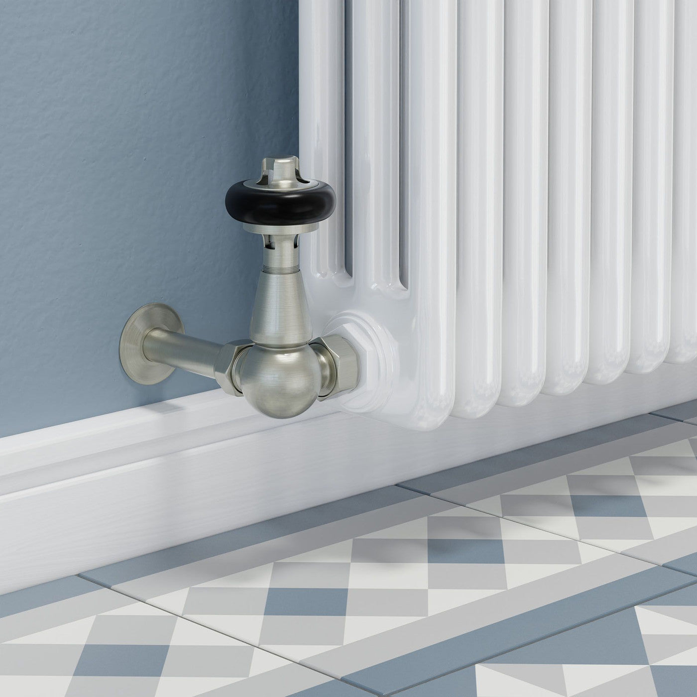 Oakfield Traditional Thermostatic Radiator Valve Corner - Satin Brushed Nickel